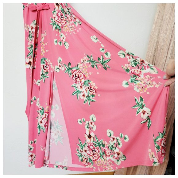 !!SOLD!! New York & Company Pink Floral Belted Maxi Dress w Kimono Style Sleeves - Picture 5 of 16